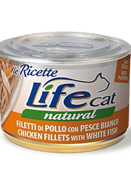 لايف كات معلبات طعام رطب للقطط بالدجاج مع السمك الابيض و اليقطين 150جرام