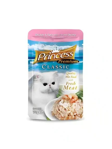 برنسس طعام رطب للقطط البالغة بالتونة مع الأرز والروبيان 70 جرام