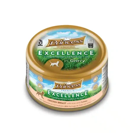 برينسيس طعام رطب للقطط بنكهة صدور الدجاج مع الارز والديك الرومي في المرق 70 جرام