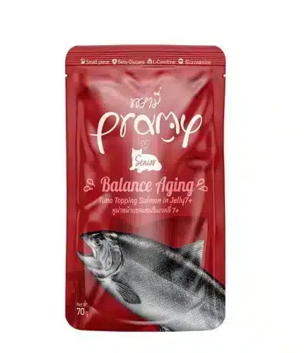 برامي طعام رطب للقطط البالغة بالتونة والسالمون بالجلي 70جرام