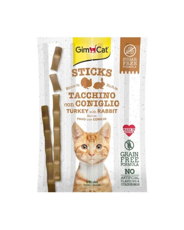 GimCat Sticks Treats for Cats, Turkey & Rabbit - Soft chew sticks rich in meat (1x5)