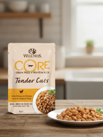 ويلنس كور - أظرف طعام رطب بالدجاج وكبد الدجاج في المرق (85غ)