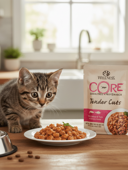 ويلنس كور - أظرف طعام رطب بالتونا والسلمون في المرق (85غ)