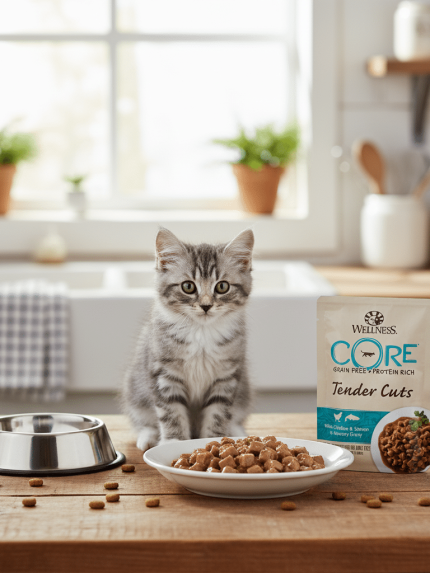 ويلنس كور - أظرف طعام رطب بالدجاج والسلمون في المرق (85غ)