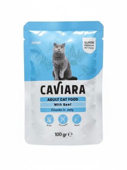 كافيارا طعام رطب للقطط البالغة، قطع لحم البقر في المرق، ظرف 100 جرام.