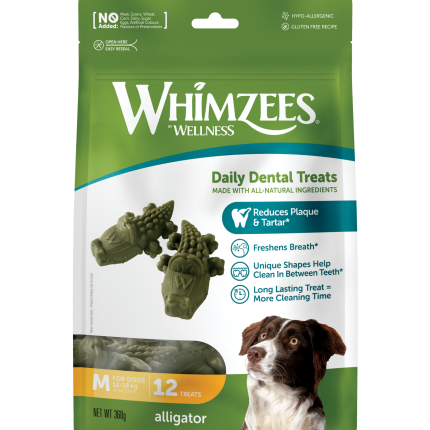 ويمزيس مكافآت تنظيف أسنان للكلاب بشكل تمساح، مقاس متوسط، عبوة 12 قطعة.