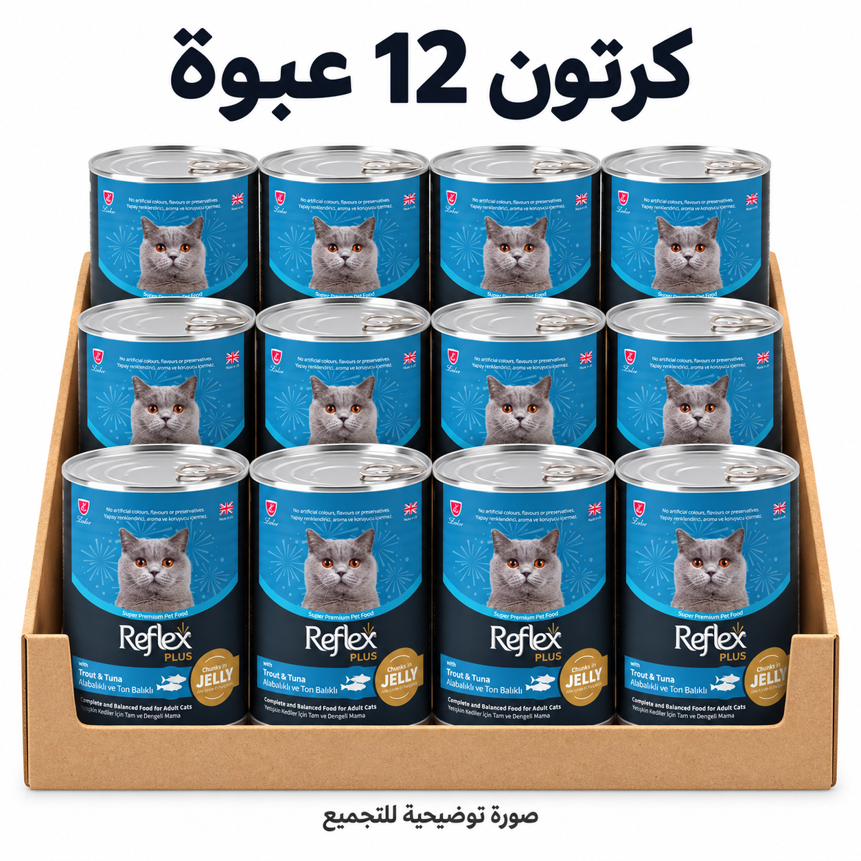 كرتون ريفلكس بلس طعام رطب للقطط: نكهة التراوت والتونة (جلي) - حجم كبير 400 جم — 12 عبوة — صورة توضيحية للتجميع